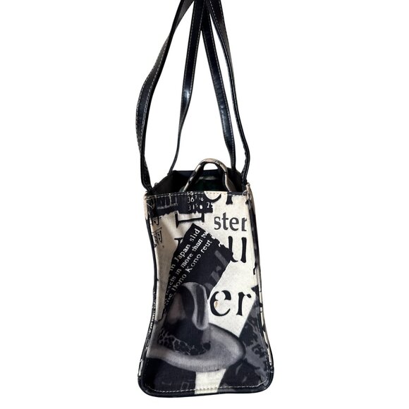 Vintage-Pin Up Inspired Black & White Newspaper Print Handbag With Double Handle - Picture 3 of 10